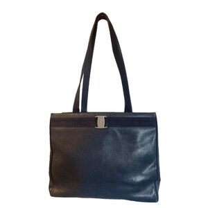 Salvatore Feeragamo Vintage Vara Bow Tote Bag. Navy Blue/Gold Hardware